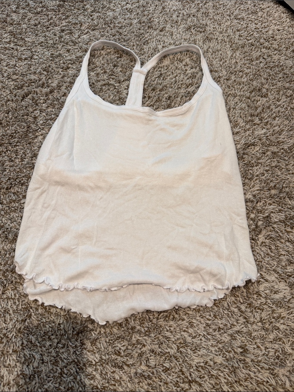 Free People White Ribbed Racerback Tank with Lettuce Hem